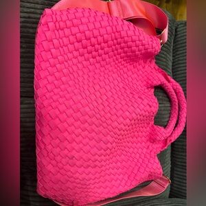 Ahdorned Bright Pink neoprene Woven Tote Bag with Braided Handles